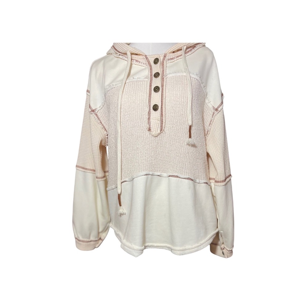 POL Cream Mixed Media Thermal Hoodie Raw Edge Waffle Knit Henley Pullover Small